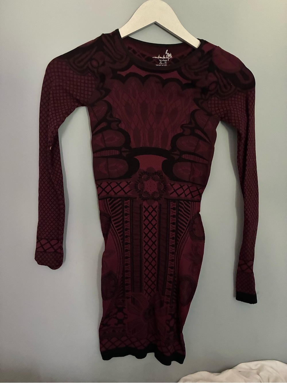 Free people Fitted Burgundy Patterned Long Sleeve Bodycon Dress